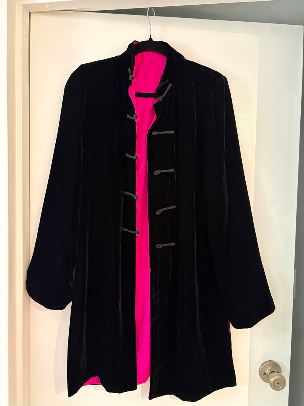 Black Velvet Coat Reversible in Hot Pink with Asian Motif